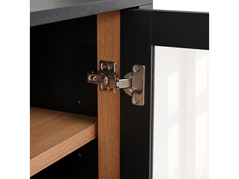  Buffet haut 110x40x185cm, 3 vitrines en verre, 3 compartiments fermés, étagères réglables, niche arrondie, mdf et panneaux de particules, noir ABC - Conforama D