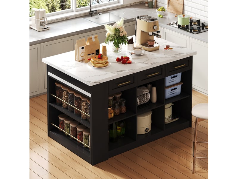  Îlot de cuisine fixe avec table escamotable coulissante, 6 tiroirs et 3 portes en mdf noir et blanc 150 × 90 × 90 cm  - Conforama B