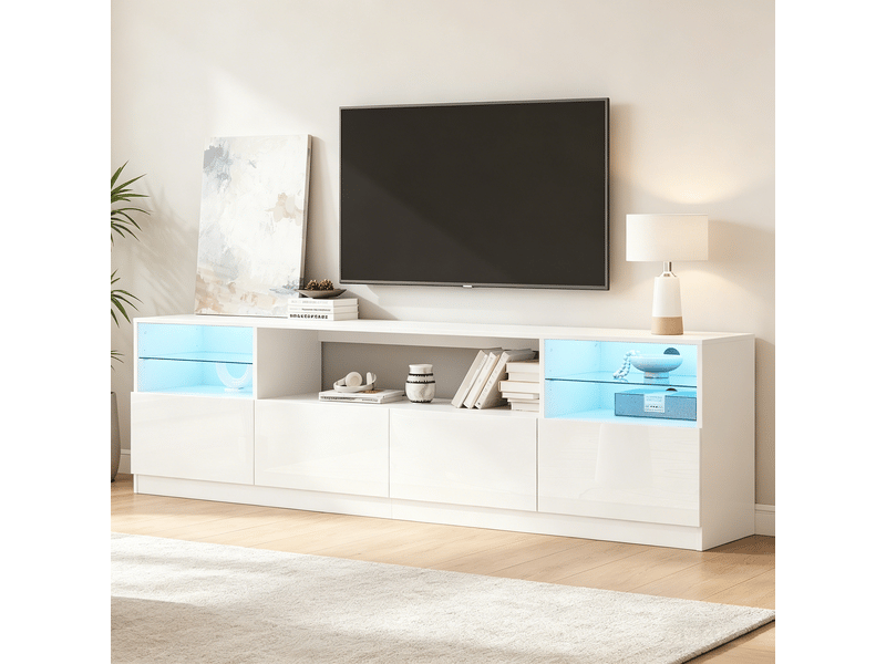 Meuble tv led 180x35x60 cm - meuble bas brillant avec 4 portes, 8 espaces de rangement ouverts, pour tv jusqu’à 75 pouces - blanc - Conforama D