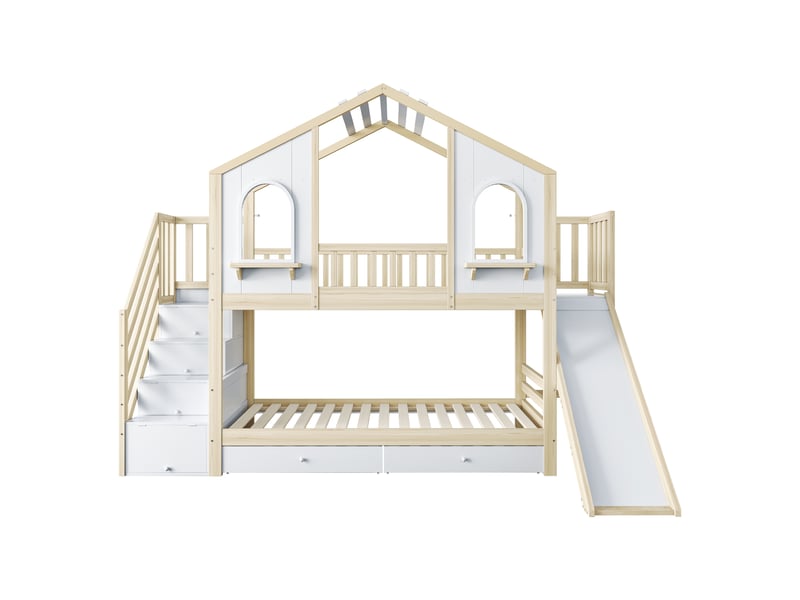  Lit superposé enfant 90 x 200 cm, en forme de maison avec fenêtres incurvées, avec échelle et tiroir de rangement, lit double, coloris bois  - Conforama D