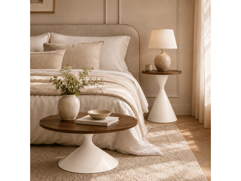  Lot de 2 tables basses rondes, plateau effet noyer chaleureux, pied en acier carbone blanc crème, ø7050 cm, design conique.  - Conforama B