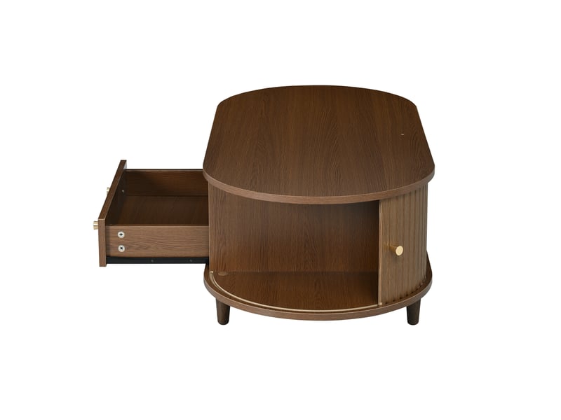 Table basse ovale avec tiroir et porte roulante, table salon 100x50x36 cm en mdf décor noyer  - Conforama R