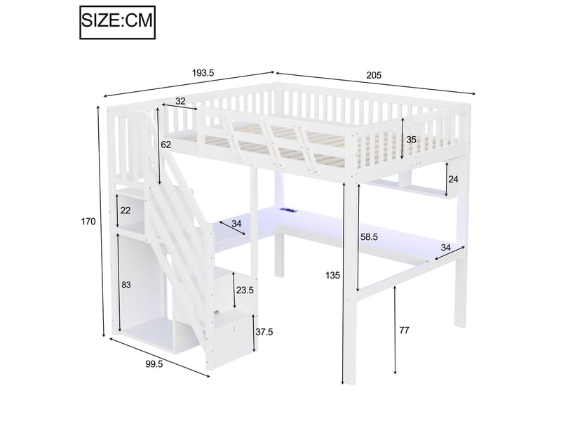 Elvmi lit mezzanine enfant 140x200 en bois blanc avec escalier de rangement, bureau intégré, éclairage led, étagères ouvertes et prises - Conforama C