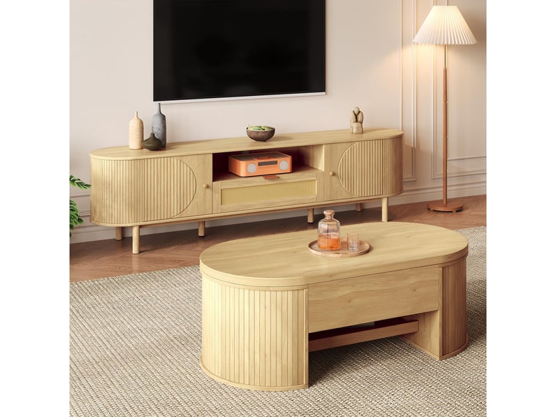  Ensemble meuble de salon, table basse relevable et meuble tv avec rangement, mdf et cannage rotin style moderne, naturel  - Conforama B