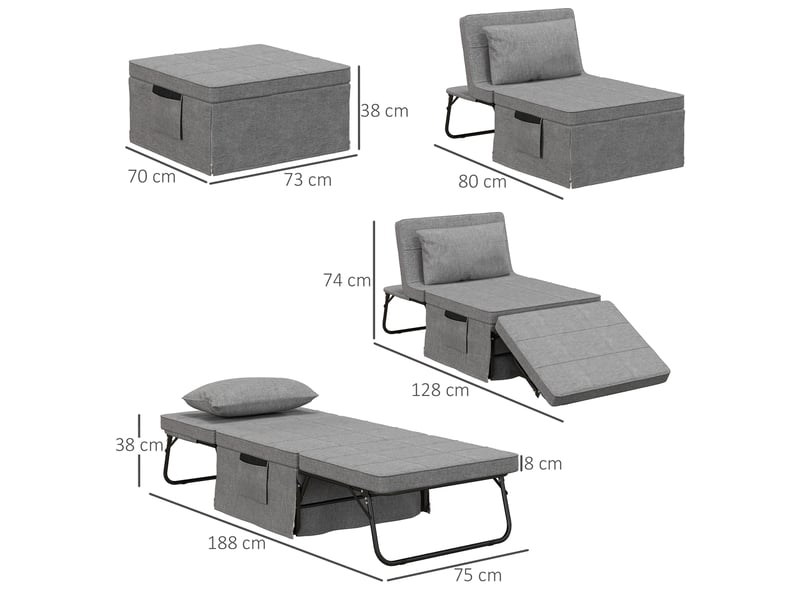  Lit pliant 4-en-1,188x75x38 cm,avec matelas 8 cm et dossier réglable,gris  - Conforama C