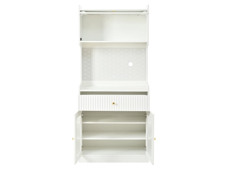  Buffet haut cuisine blanc 180 cm, armoire de cuisine avec led, portes en verre nervuré et tiroirs  - Conforama A