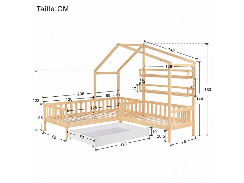  Lit cabane lit simple en bois massif avec tiroir à roulettes et 2 étagères, 200x90 cm et 140x70 cm, sans matelas  - Conforama D