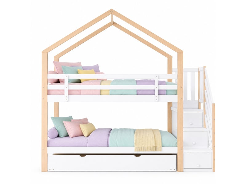  Lit superposé enfant 200×90 cm avec couchage gigogne 190×90 cm, escalier à tiroirs et barrières, sans matelas  - Conforama A