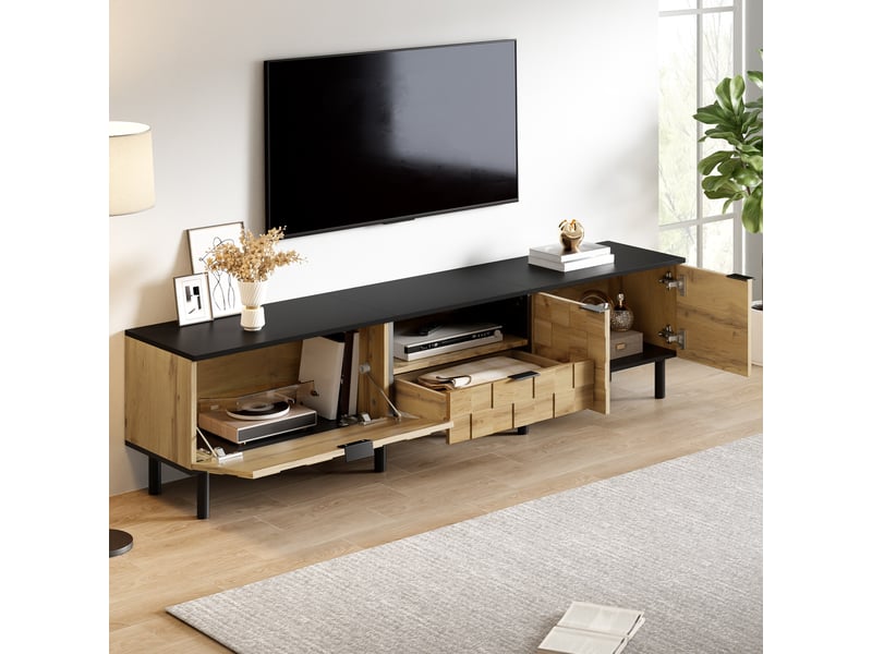  Meuble tv 170x35x44,5 cm, 2 portes, 1 tiroir, passe-câbles, façades texturées, pieds métal, grand rangement pour salon - naturel  - Conforama E