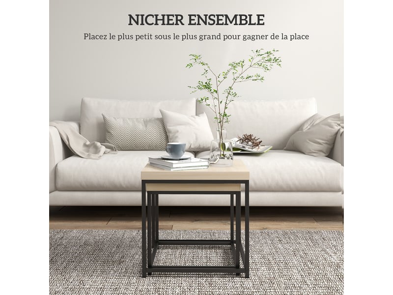  Lot de 2 tables gigognes tables basses carrées tables de cadre salon en acier et plateaux en panneaux de particules  - Conforama D