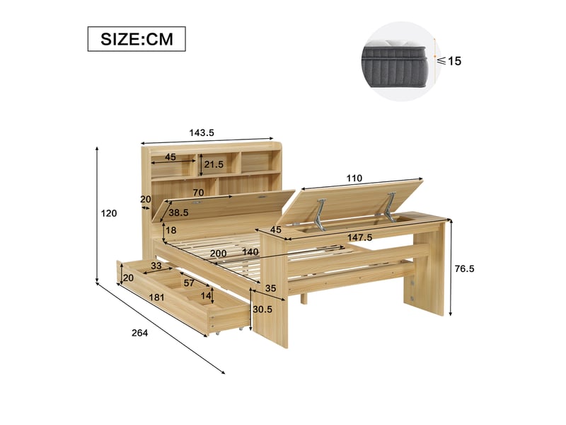  Lit enfant 2 places 140×200 cm avec tiroir, étagères et table rabattable - okmyhome- bois naturel, sans matelas  - Conforama D