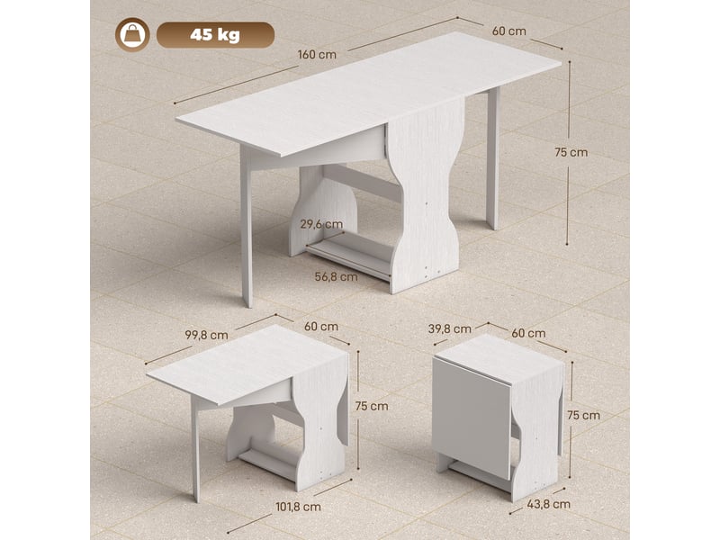  Table de salle à manger pliante, table de cuisine avec rangement pour 2 à 4 personnes, table pliante idéale pour les petits espaces, 160 x 60 x 75cm  - Conforama E