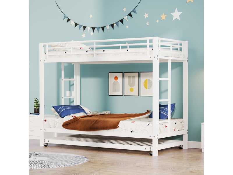 Lit superposé enfant 90x200 cm en métal blanc avec lit gigogne - Conforama E