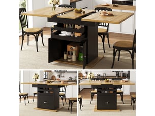 Table de cuisine rectangulaire avec allonge noir+naturel - 80x110-140max.cm mdf