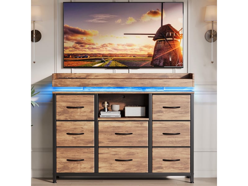  Commode 8 tiroirs - 108x30x82cm - meuble de rangement avec niche ouverte, bande led rgb réglable, style gamer - marron  - Conforama C