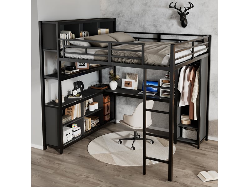 Lit mezzanine 140x200 cm avec bureau, armoire et rangements intégrés, structure métal et bois, lit surélevé avec échelle - noir  - Conforama D