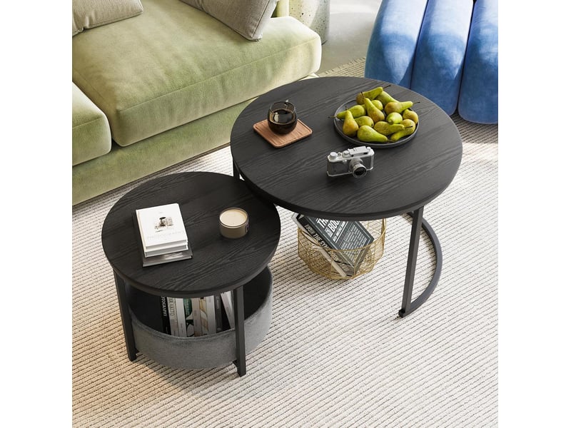  Tables basses gigognes rondes avec sac de rangement, plateau résistant à l’eau et aux rayures, métal noir antique  - Conforama C