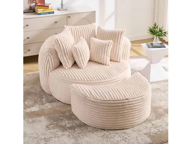  Fauteuil convertible de lecture avec repose-pieds intégré et 5 coussins en chenille côtelée beige  - Conforama B