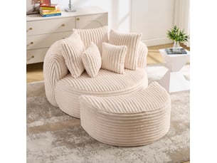 Fauteuil convertible de lecture avec repose-pieds intégré et 5 coussins en chenille côtelée beige