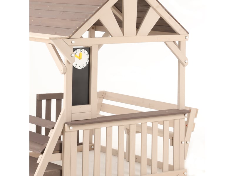  Maison de jeu extérieure en bois pour cuisine avec toit résistant à la pluie et balustrades mi-hautes, étagère polyvalente pour plantes et jouets, gris  - Conforama D