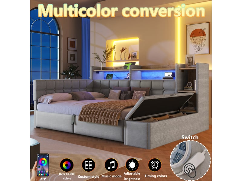 Lit coffre hydraulique 140x200 cm avec led multicolore, usb et usb-c et banc coffre, velours gris, sans matelas - Conforama D