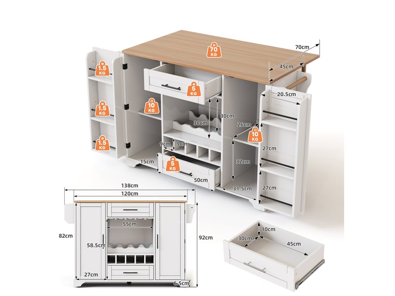  Desserte 138x45-70x92 cm avec plan de travail rabattable, îlot sur roulettes, pour cuisine, en mdf, blanc et naturel  - Conforama C