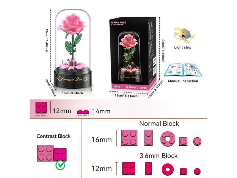  Kit de construction bouquet de rose gothique 126 pieces avec leds bicolore rose noir dome transparent 151498_AADGV80701_6_DROPFR - Conforama B