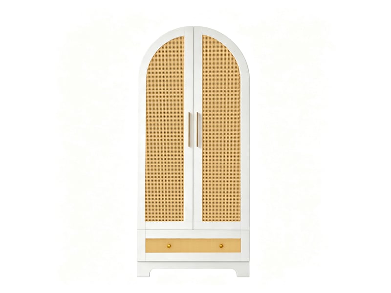  Armoire de chambre 2 portes en rotin 70 x 55 x 170 cm avec tiroir et étagères, design incurvé, meuble de rangement, blanc Sol Morn - Conforama E