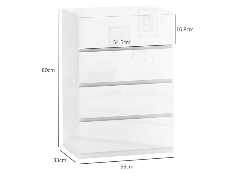  Commode moderne en bois à 4 tiroirs avec système anti-basculement, 55 x 33 x 80 cm, blanc brillant  - Conforama E