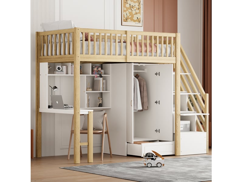  Lit mezzanine 90x200 cm, lit enfant avec armoire, bureau et tiroir, lit 1 place, bois, blanc et naturel, sans matelas  - Conforama D