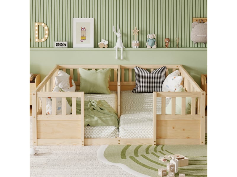  Lit au sol double enfant 2x90x200 cm avec 2 couchages, hauts garde-corps semi-fermés, entrée ouverte, structure en pin et mdf, naturel  - Conforama B