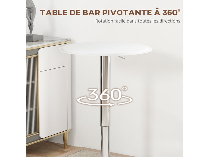  Table de bar table bistro mange-debout hauteur réglable 67-93 cm plateau pivotant 360° métal blanc ø 63 cm  - Conforama E