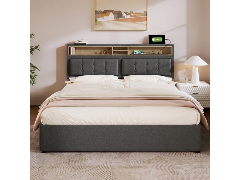  Lit double 160x200 cm avec usb, prise et type-c, tête de lit réglable, gris sans matelas  - Conforama C