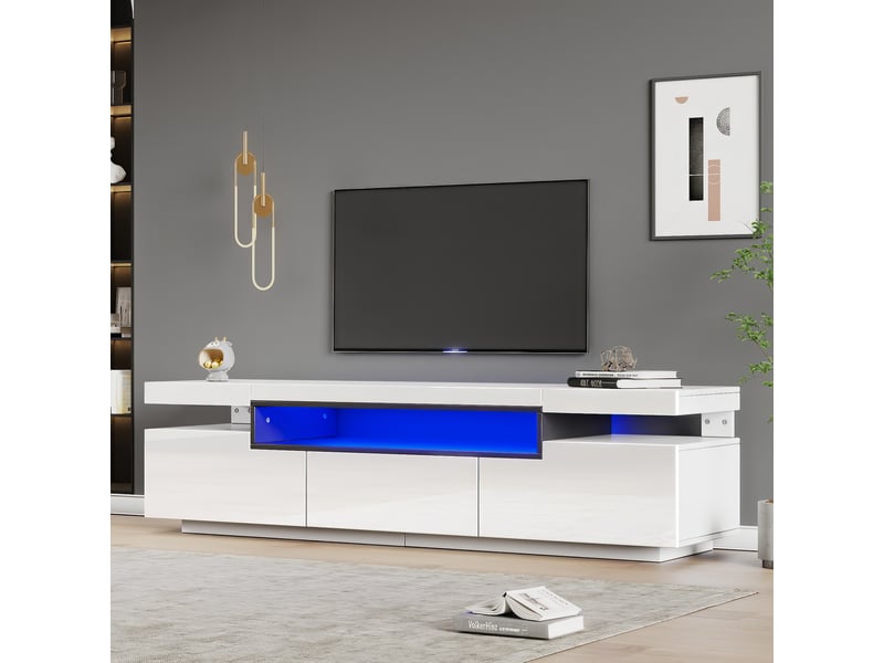  Meuble tv avec 3 tiroirs et éclairage led pour salon 160×39×42 cm en panneaux de particules blanc  - Conforama B