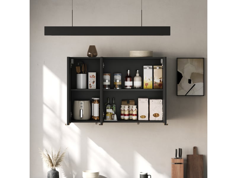  Meuble haut de cuisine 3 portes 90x29x60 cm - meuble de rangement mural - portes à lattes ondulées - mdf - noir  - Conforama B