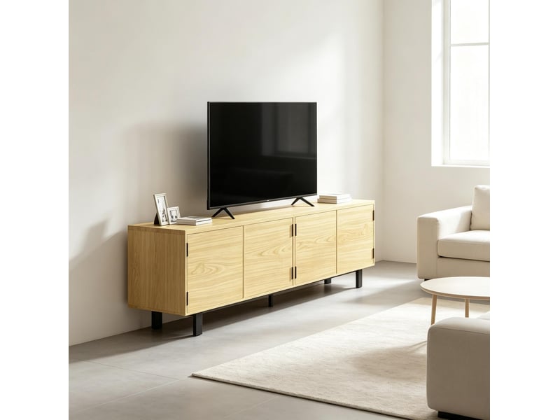 Meuble tv 180 cm à 4 portes à ouverture par pression, effet bois naturel - Conforama D