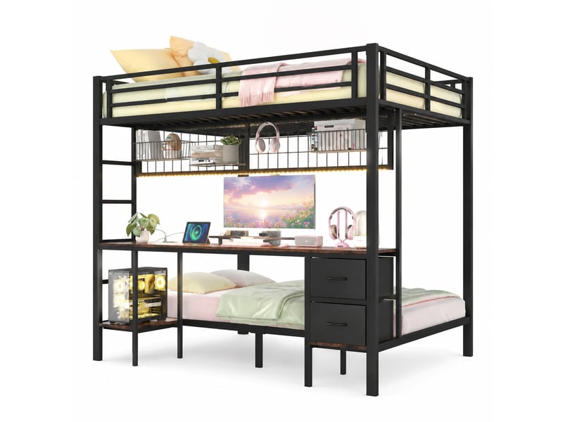 Lit mezzanine double 140×200 cm avec bureau, tiroirs, étagères, led et usb - sans matelas, métal - noir - Conforama A