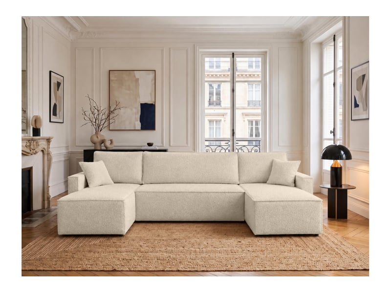  Farah - canapé d'angle panoramique convertible 6 places accoudoirs slim en tissu bouclettes généreuses  - Conforama B