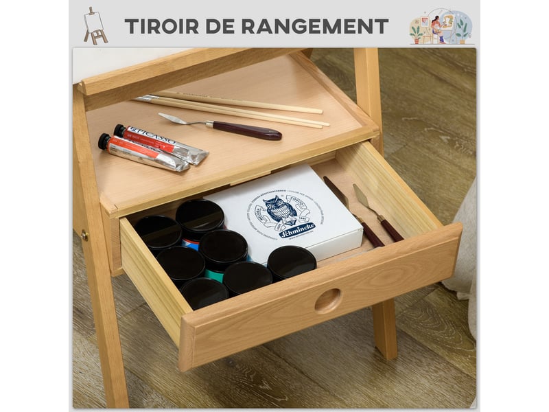  Chevalet en bois sur pied chevalet d'artiste avec tiroir intégré hauteur jusqu'à réglable 92 cm coloris naturel  - Conforama R