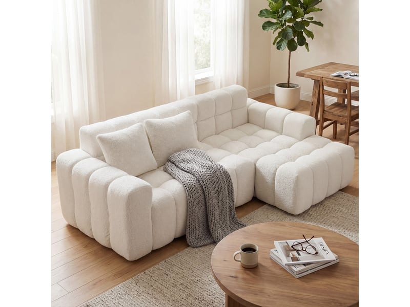 Canapé d'angle ulevr modulable en velours texturé blanc, 249,94 cm, configuration libre avec méridienne - Conforama D