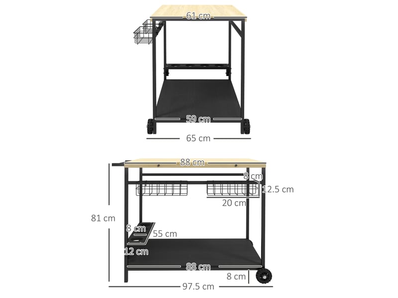  Desserte de jardin 97,5 x 65 x 81 cm bois naturel et acier, 2 niveaux avec paniers et porte-gobelets  - Conforama C