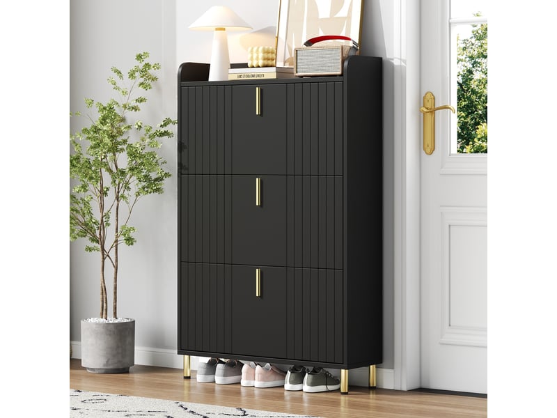  Meuble à chaussures avec 3 portes abattantes et étagères réglables, pour entrée, en mdf, 80×23×125 cm, noir - uvrion  - Conforama B