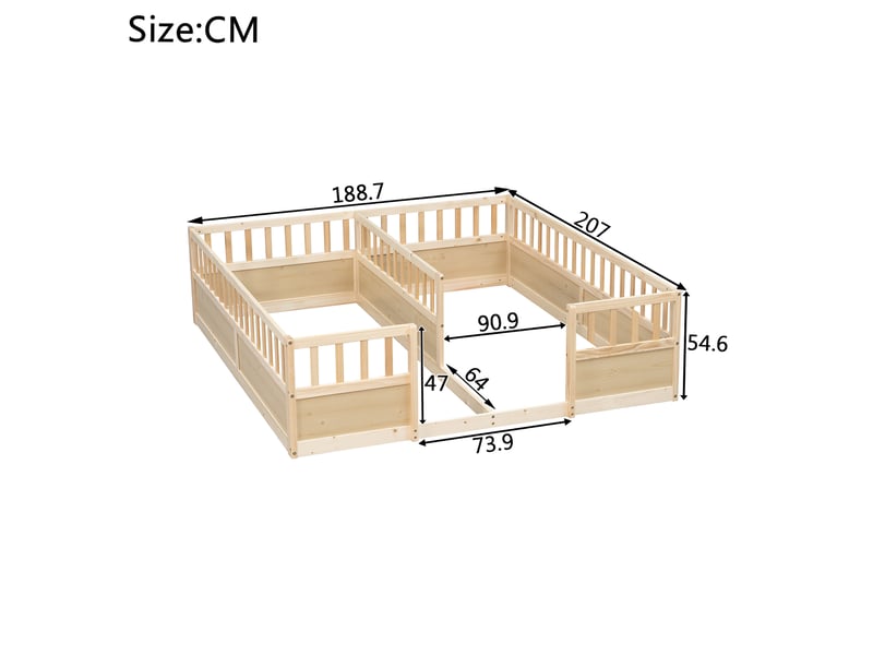 Lit au sol pour 2 enfants, 2x90x200 cm, en pin naturel avec barrières - Conforama C