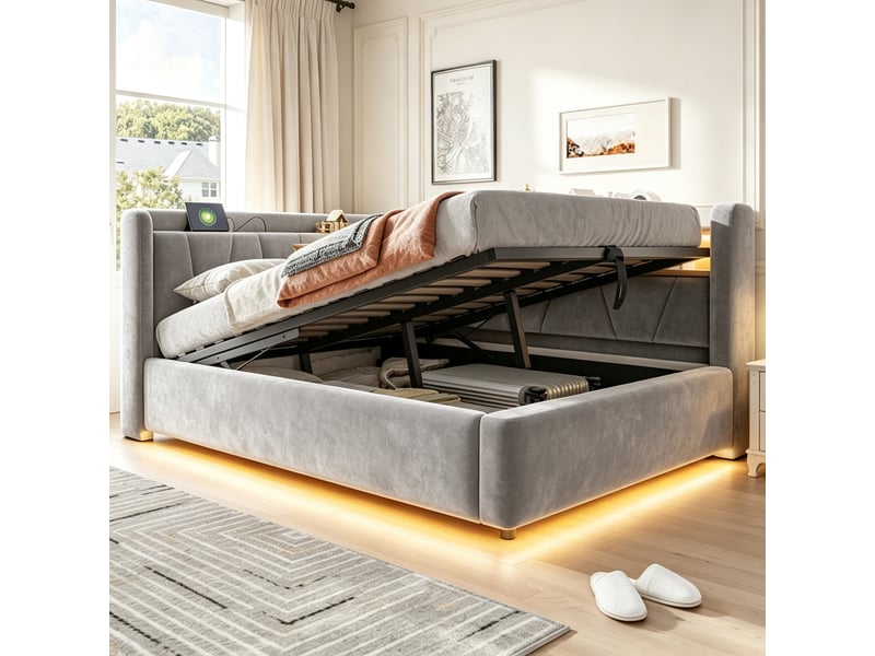  Lit banquette coffre 140x200 cm avec rangement hydraulique, étagères, port usb et éclairage led, velours gris  - Conforama B