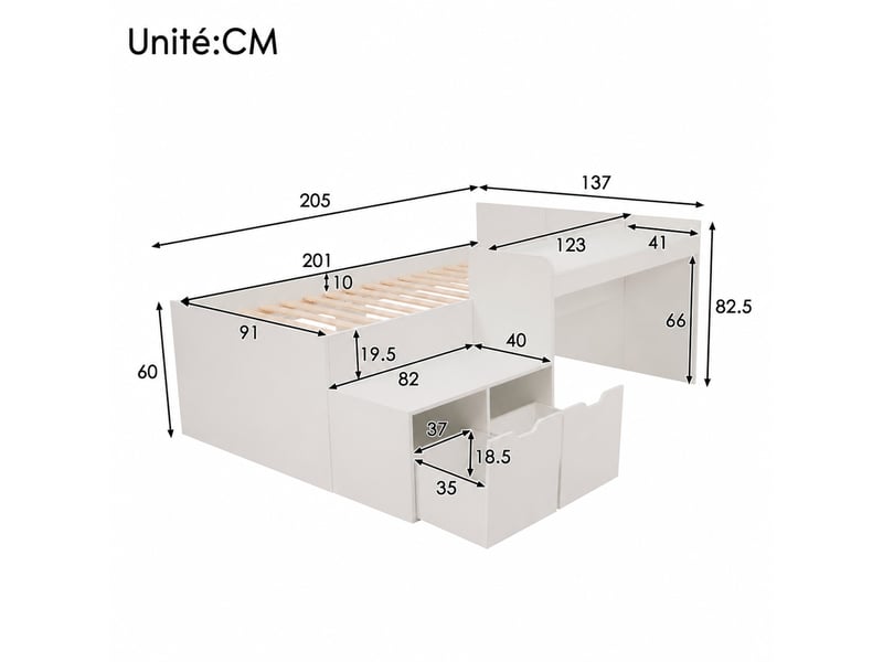  Lit combiné enfant, lit simple avec bureau, 2 tiroirs et rangement, 200×90 cm, sans matelas, blanc  - Conforama D