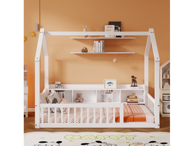  Lit enfant cabane 90x200 cm avec étagères et barrières, blanc, sans matelas  - Conforama B