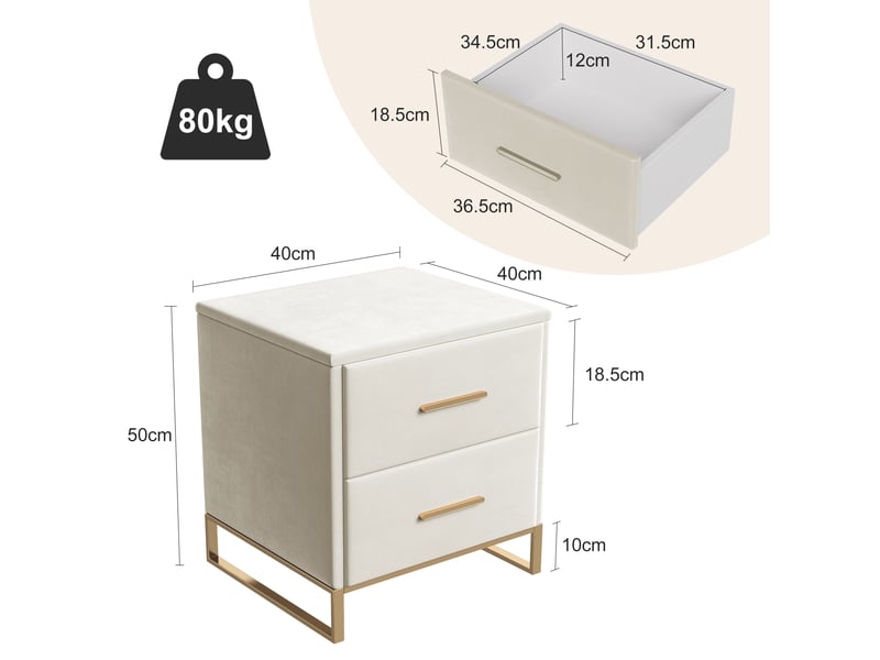  Lot de 2 table de chevet avec 2 tiroirs,table d’appoint de chevet,pieds dorés, blanc,40x40x50 cm  - Conforama W
