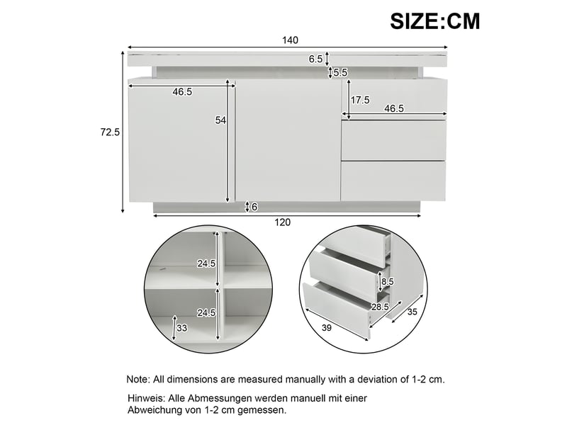 Buffet - truxen8 - blanc brillant - led intégrées - 2 portes 3 tiroirs - 140x35x72.5cm  - Conforama W