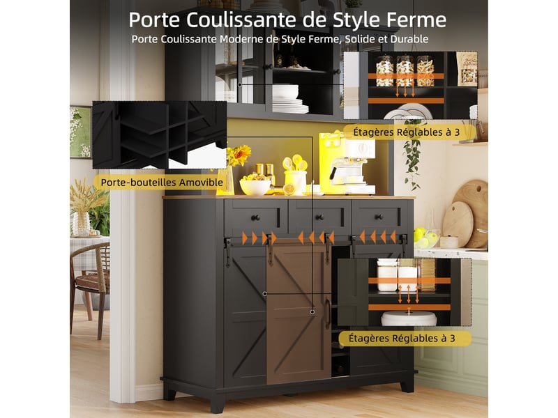  Buffet vitrine noir 105x38x180 cm, led intégré, étagères réglables, portes vitrées, design moderne  - Conforama E