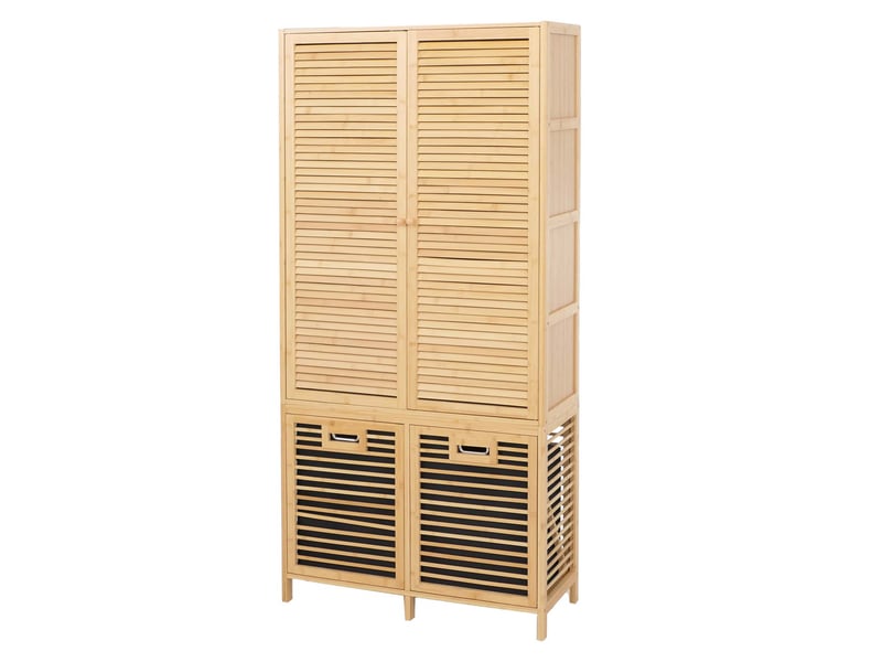  Armoire de salle de bains en bambou hwc-n83, étagère de salle de bains, 2 paniers à linge, portes mvg 168 x 82 x 34 cm - naturel, panier anthracite  - Conforama E
